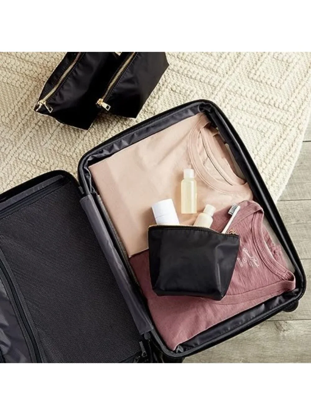 3-Piece Black Makeup Bag Set for Women | Nylon Zipper Cosmetic Pouches for